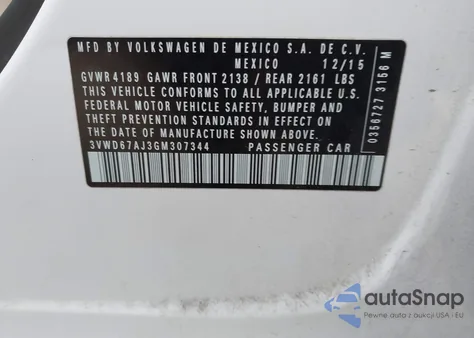 2016 Volkswagen Jetta 1.4T Se из США, поврежденный, VIN 3VWD67AJ3GM307344